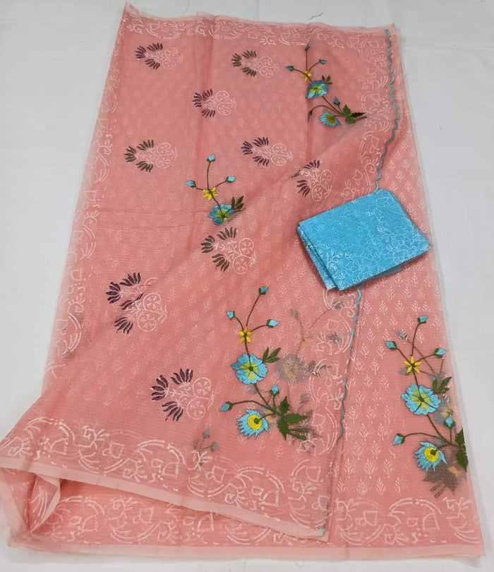 Kota Doria Cotton Pink Color Embroidered Saree with Fine Block Print