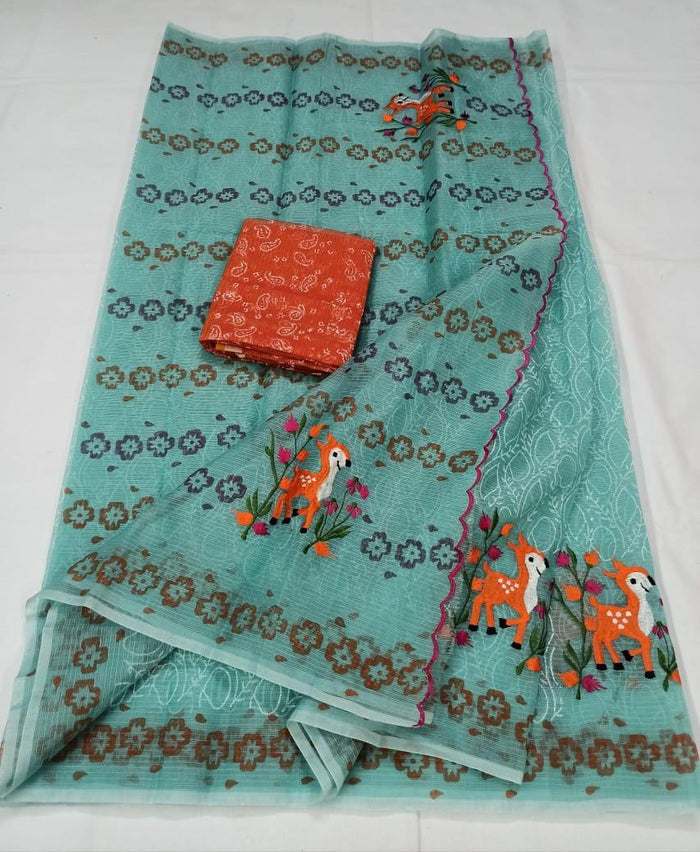 Kota Doria Cotton Sea Blue Color Embroidered Saree with Fine Block Print