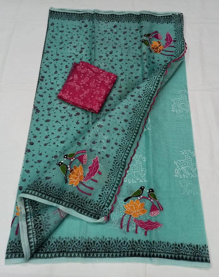 Kota Doria Cotton Sea Blue Color Embroidered Saree with Fine Block Print