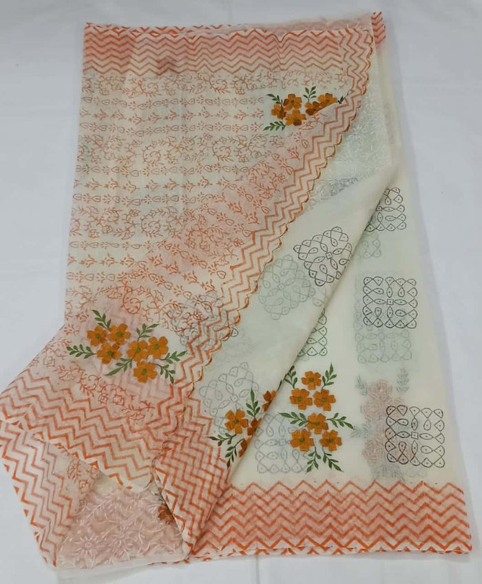 Kota Doria Cotton White Color Embroidered Saree with Fine Block Print