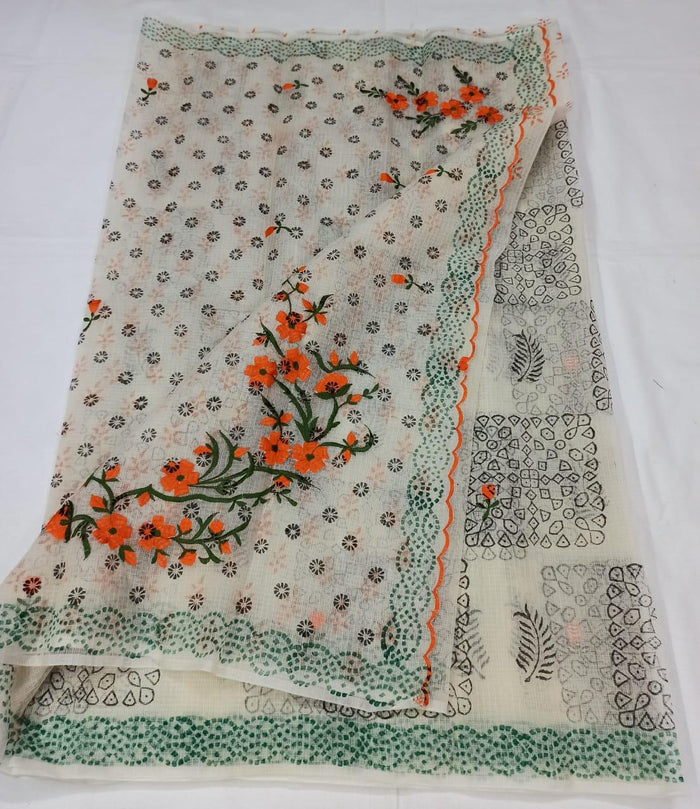 Kota Doria Cotton White Color Embroidered Saree with Fine Block Print