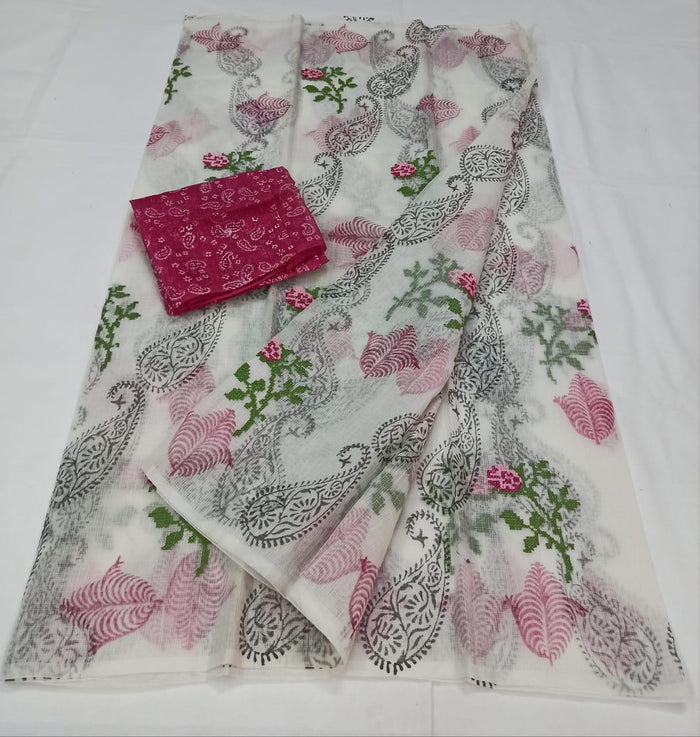 Kota Doria Cotton White Colour Embroidered Saree with Fine Block Print