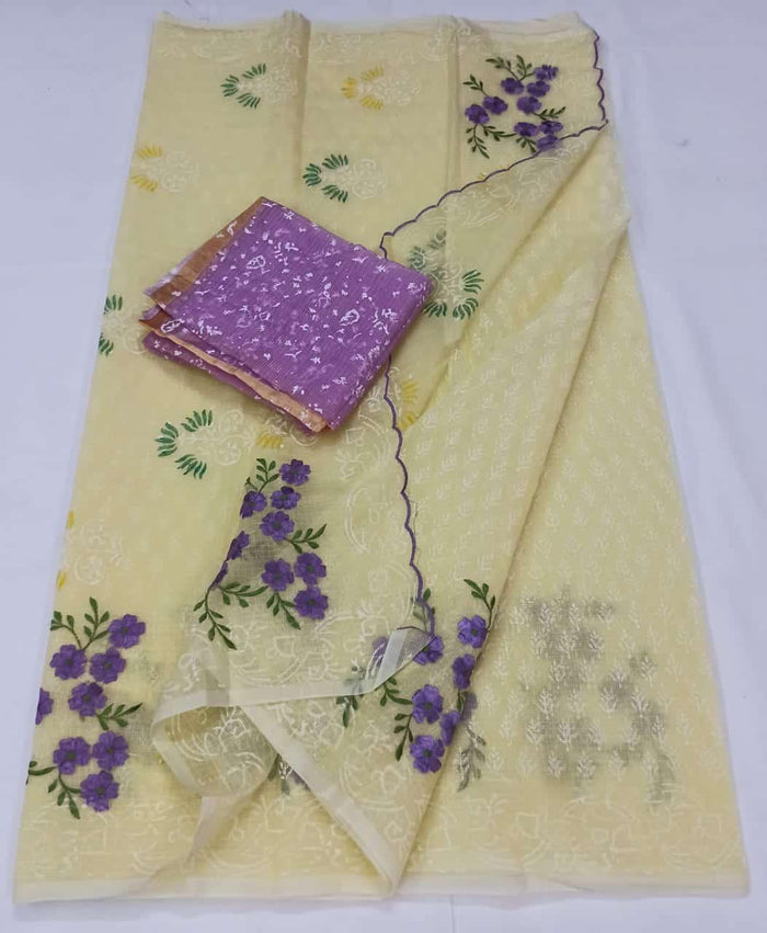 Kota Doria Cotton Yellow Color Embroidered Saree with Fine Block Print