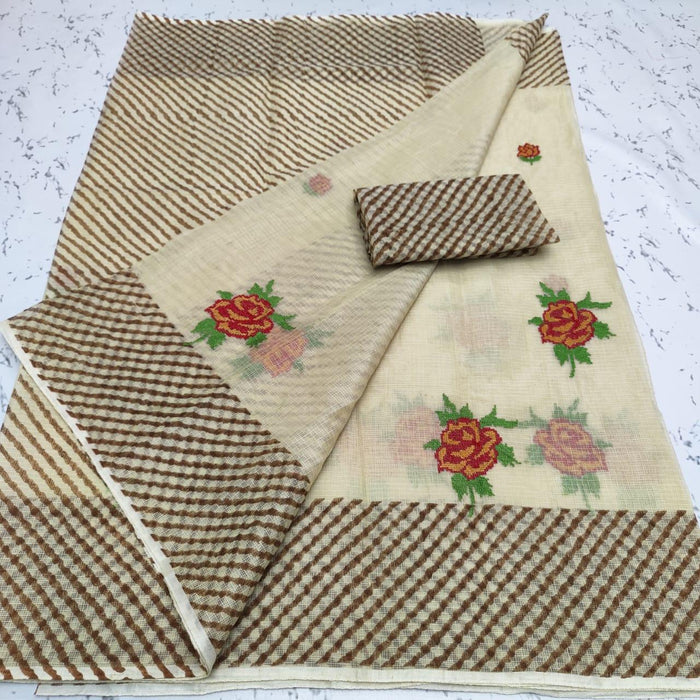 Kota Doria Embroidered and Printed Saree - Off White
