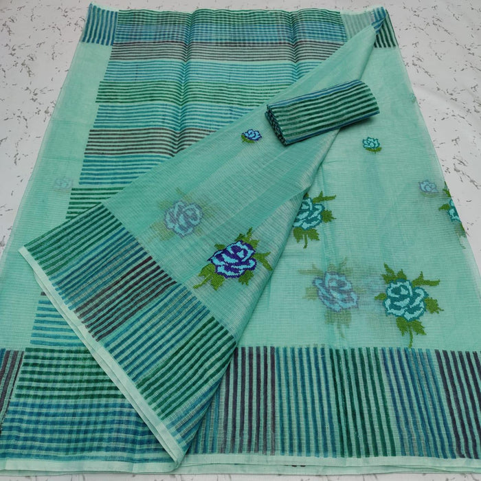 Kota Doria Embroidered and Printed Saree - Sea Blue