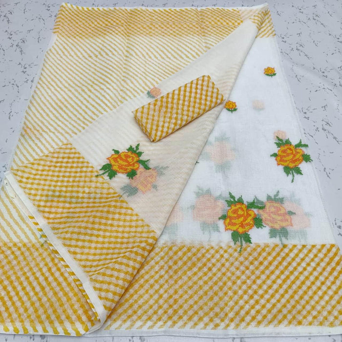 Kota Doria Embroidered and Printed Saree - White