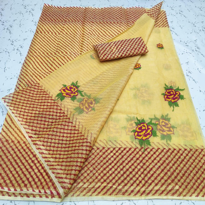 Kota Doria Embroidered and Printed Saree - Yellow