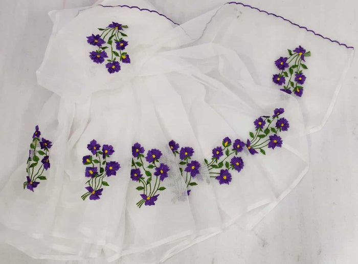 Kota Doria Embroidered Work Saree - White Purple Color