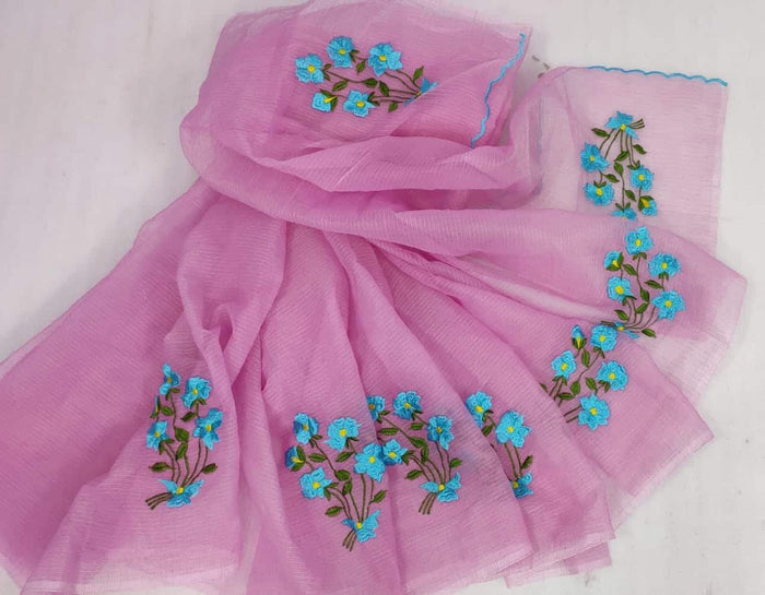 Pink Color - Kota Doria Embroidered Work Saree