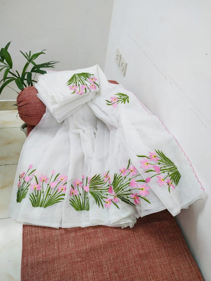 Kota Doria Embroidered Work Saree - White Pink Color