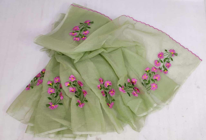 Kota Doria Embroidered Work Saree - Green Color