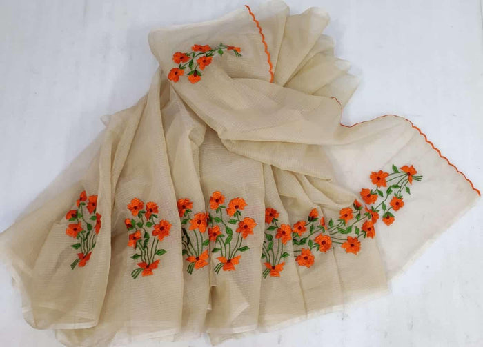 Kota Doria Embroidered Work Saree - Beige Color