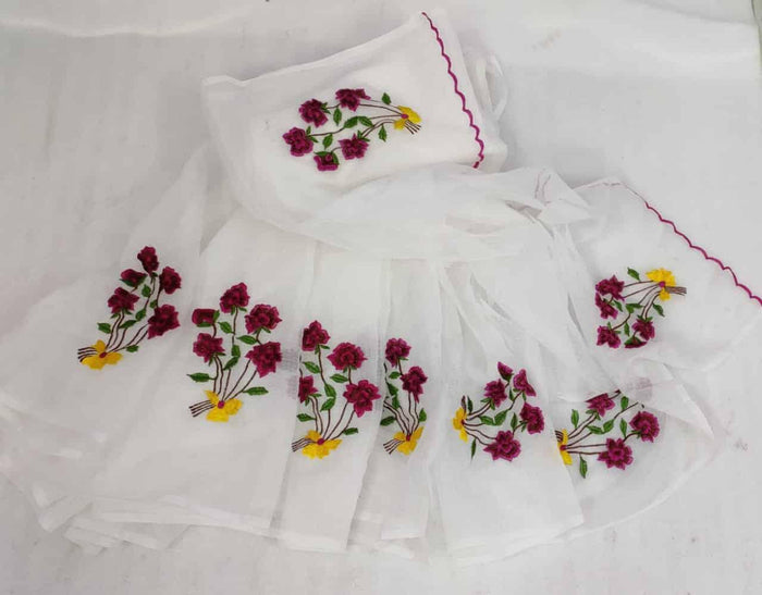 White Colour - Kota Doria Embroidered Work Saree