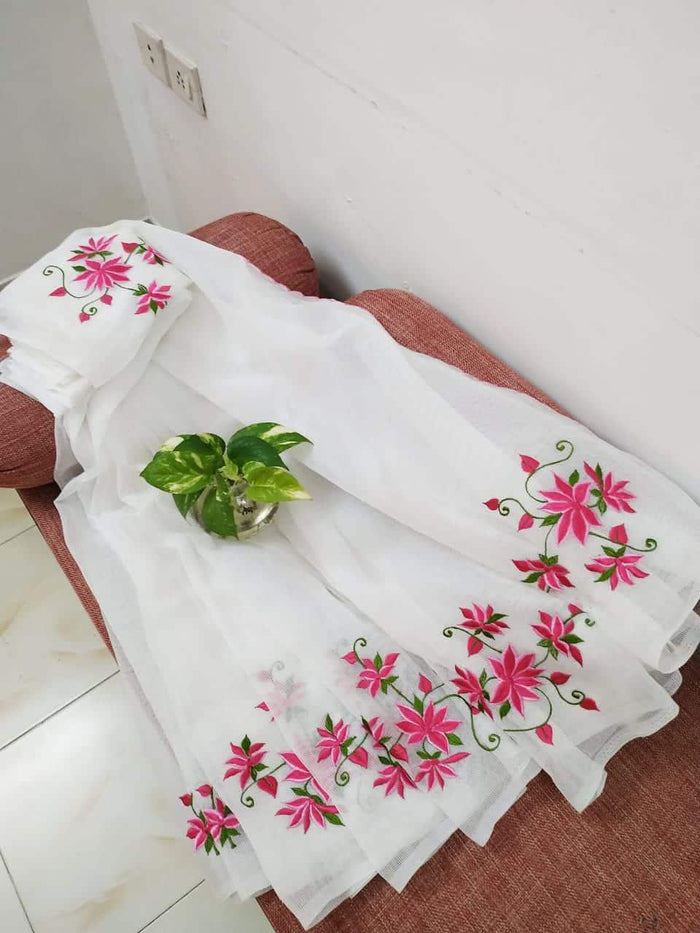 Kota Doria Embroidered Work Saree - White Pink