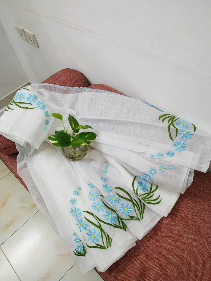 Kota Doria Embroidered Work Saree - White Blue Color