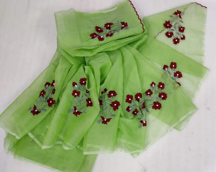 Kota Doria Embroidered Work Saree - Green Colour