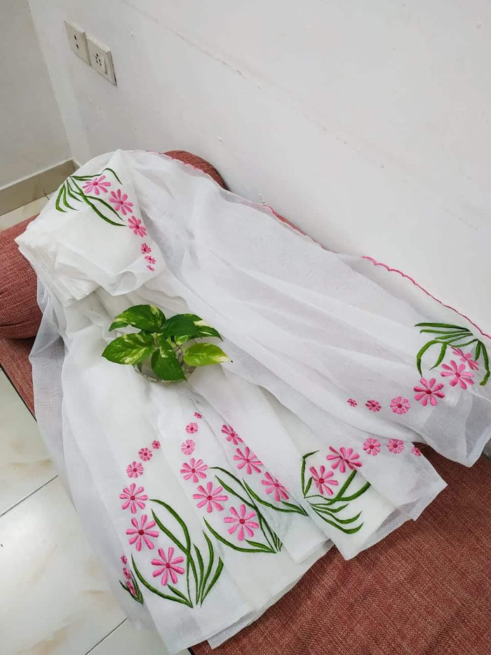 Kota Doria Embroidered Work Saree - White Pink Colour