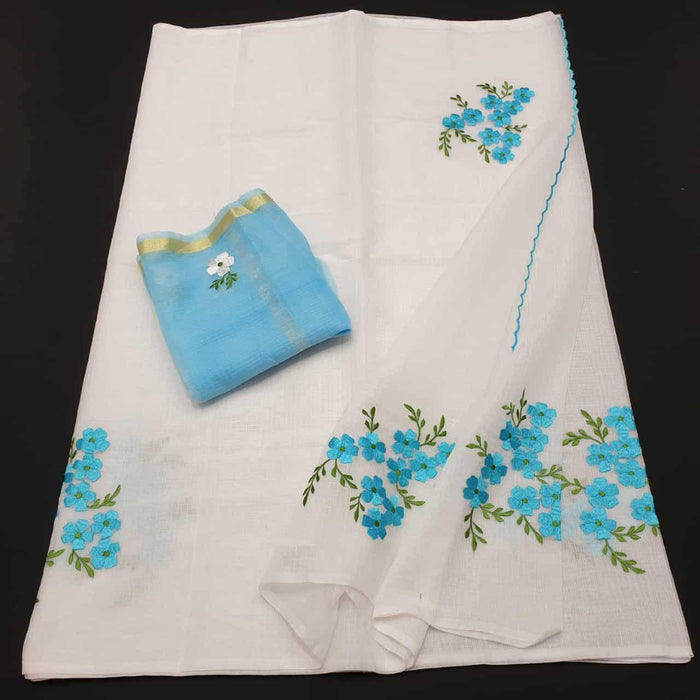 Embroidered Work Kota Doria Cotton Sarees - White Blue Color