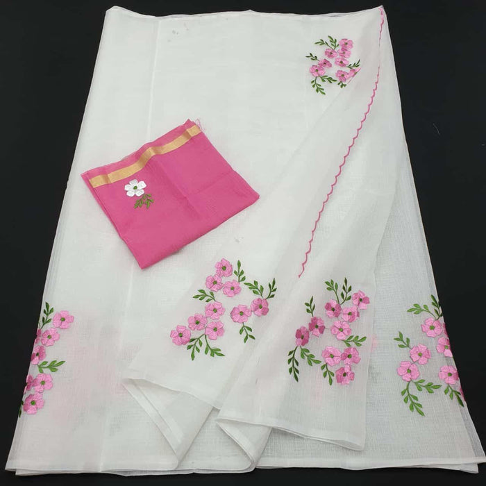 Embroidered Work Kota Doria Cotton Sarees - White Pink Color