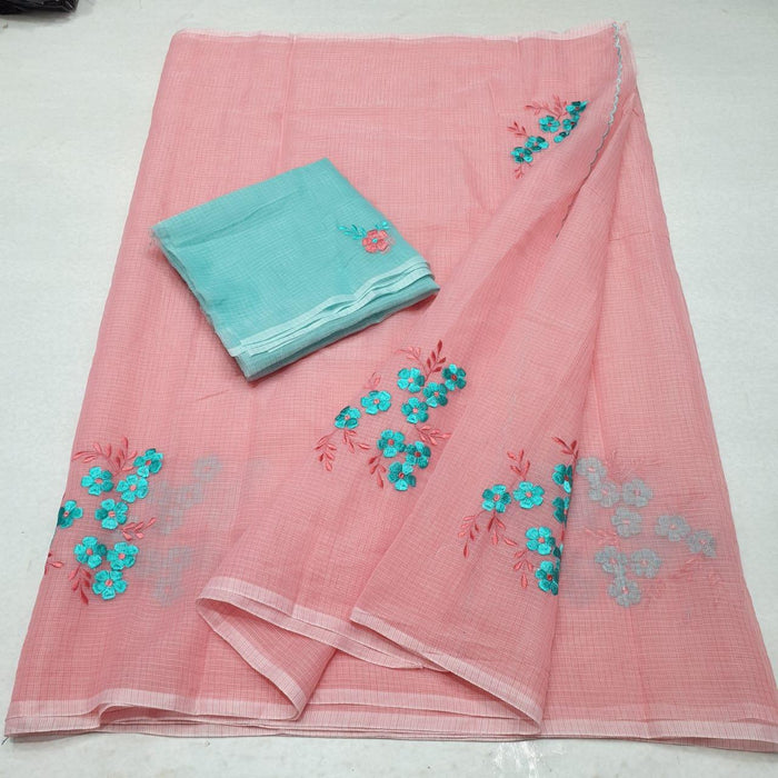 Embroidered Work Kota Doria Cotton Sarees - Pink Blue Color
