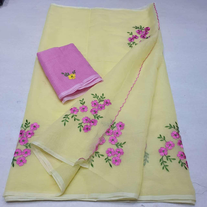 Embroidered Work Kota Doria Cotton Sarees - Yellow Pink Color