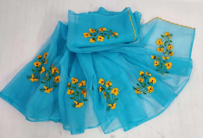 Kota Doria Embroidered Work Saree - Blue Color