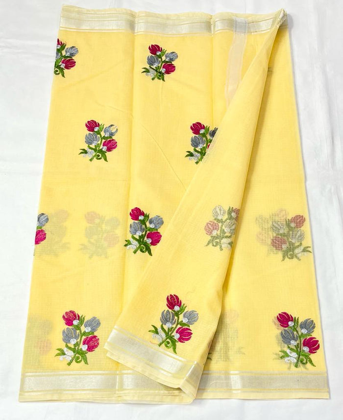 Kota Doria Embroidery Work Saree With Zari Border - Yellow Color
