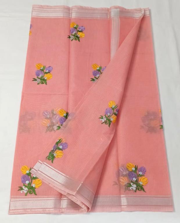 Kota Doria Embroidery Work Saree With Zari Border - Pink