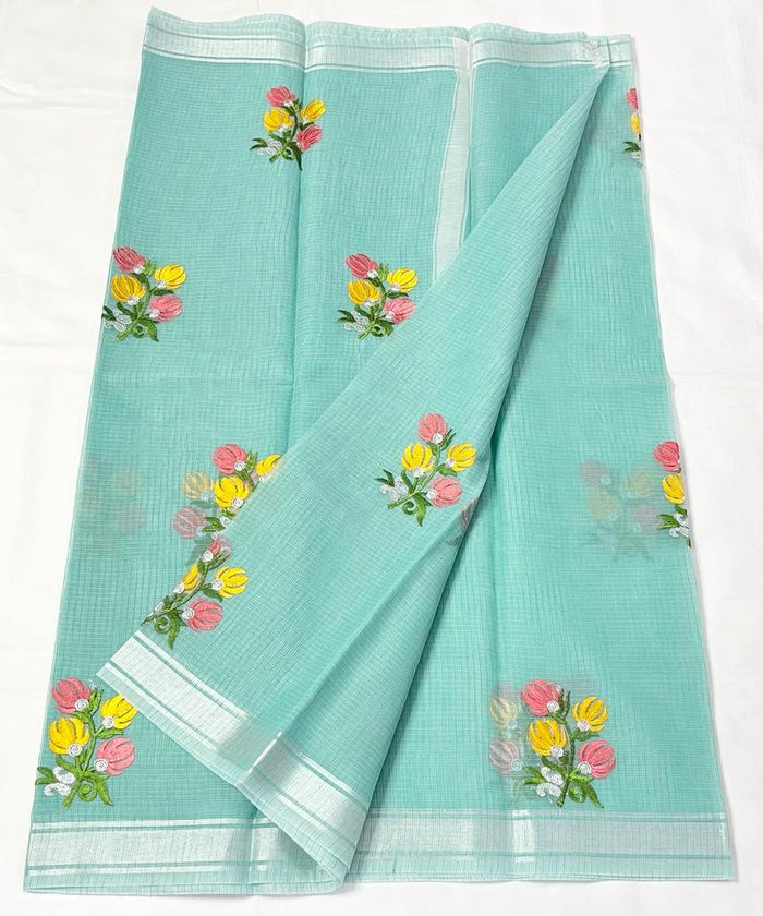 Kota Doria Embroidery Work Saree With Zari Border - Sea Blue