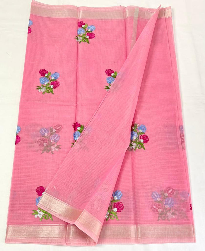 Kota Doria Embroidery Work Saree With Zari Border - Pink Color