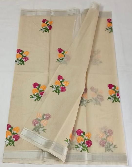 Kota Doria Embroidery Work Saree With Zari Border - Beige Color