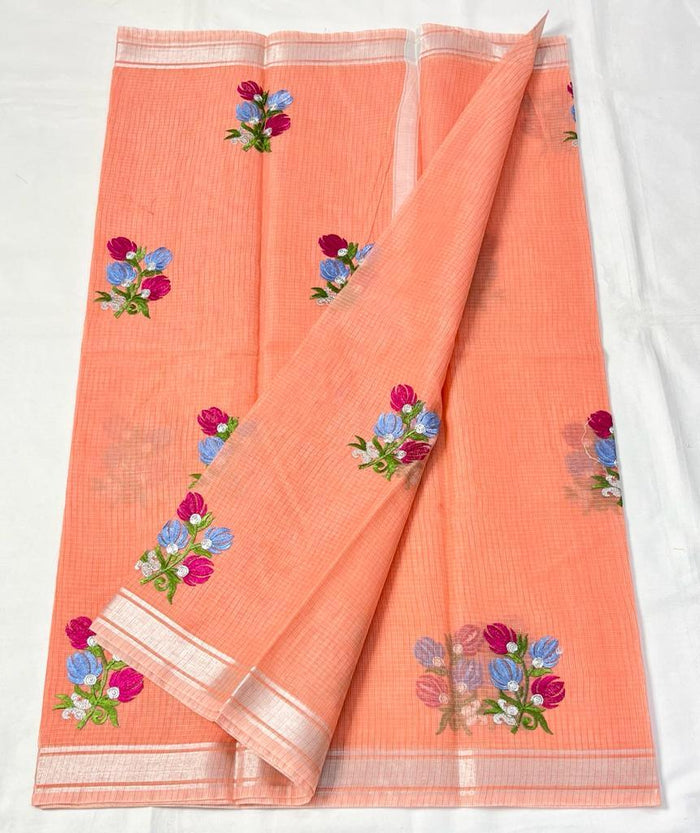 Kota Doria Embroidery Work Saree With Zari Border - Peach Color