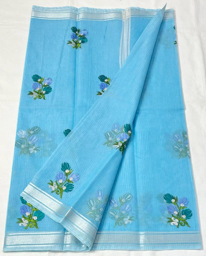 Kota Doria Embroidery Work Saree With Zari Border - Blue Color
