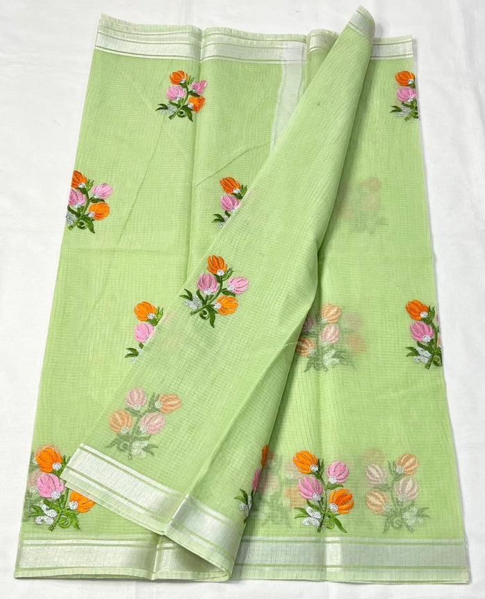 Kota Doria Embroidery Work Saree With Zari Border - Green Color