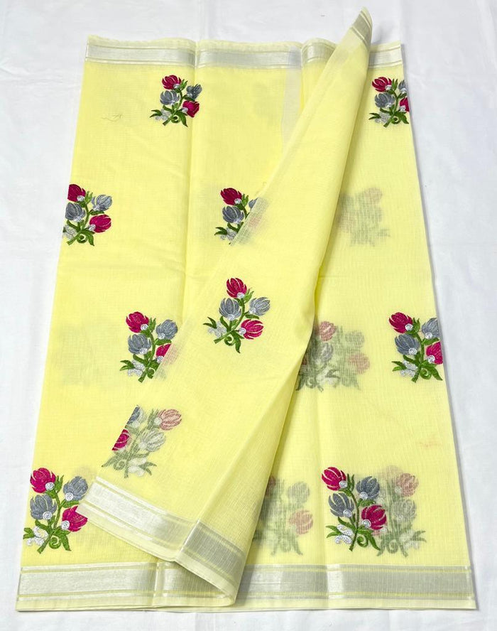 Kota Doria Embroidery Work Saree With Zari Border - Yellow