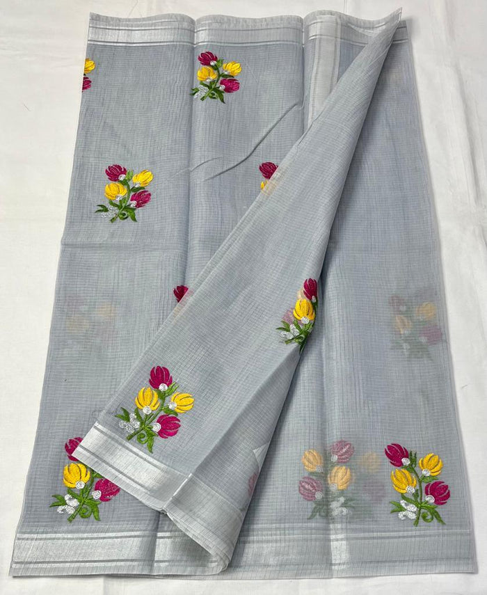 Kota Doria Embroidery Work Saree With Zari Border - Grey Color