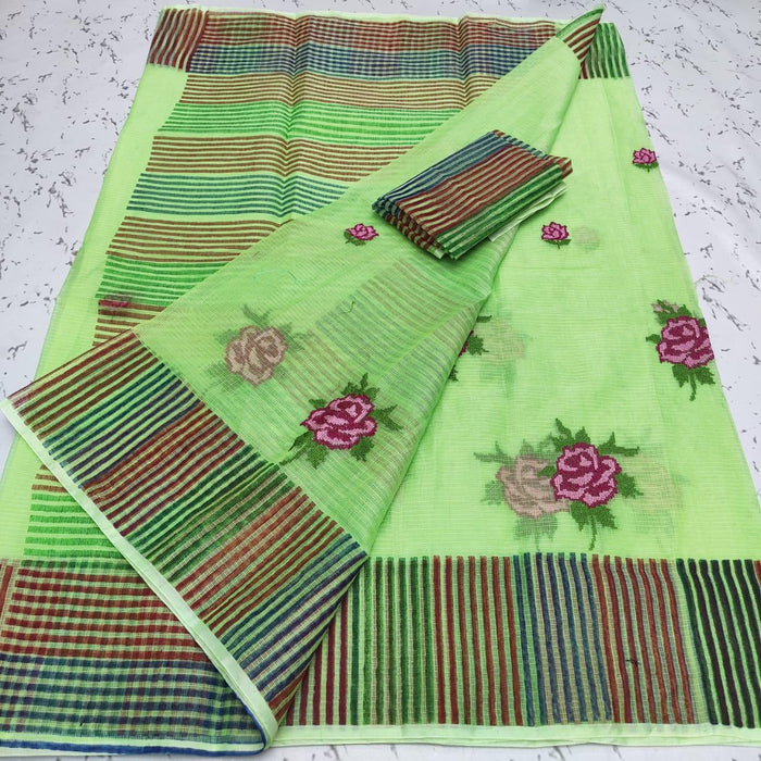 Kota Doria Embroidered and Printed Saree - Green Color
