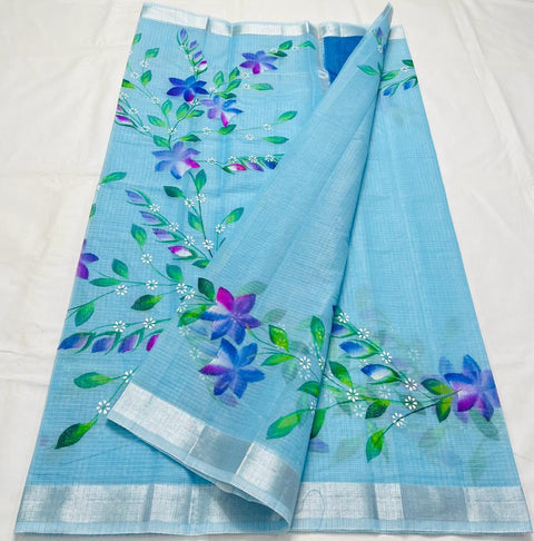 Kota Doria Hand Painted Blue Colour Saree - Trend In Need
