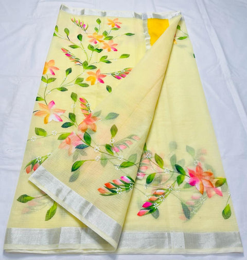 Kota Doria Hand Painted Lemon Colour Saree - Trend In Need