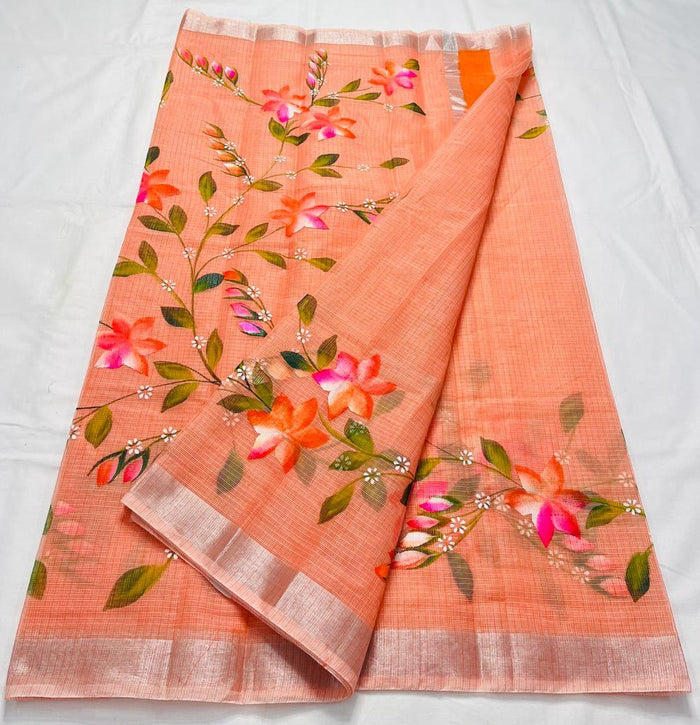 Kota Doria Hand Painted Saree - Peach Colour