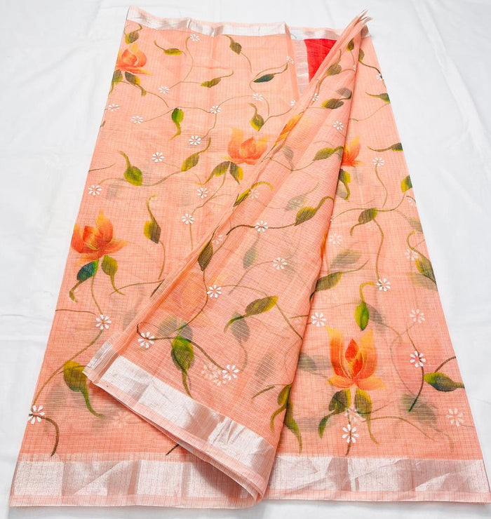 Hand Painted Kota Doria Saree -  Peach Color