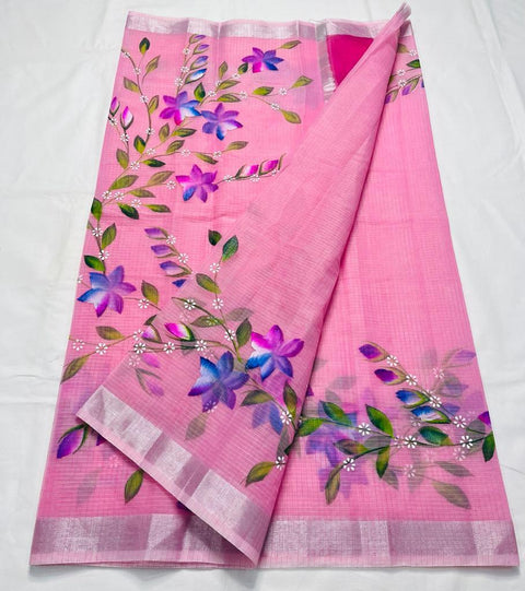 Kota Doria Hand Painted Pink Colour Saree - Trend In Need