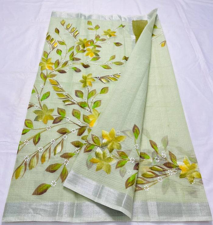 Kota Doria Hand Painted Saree - Pista Green Colour