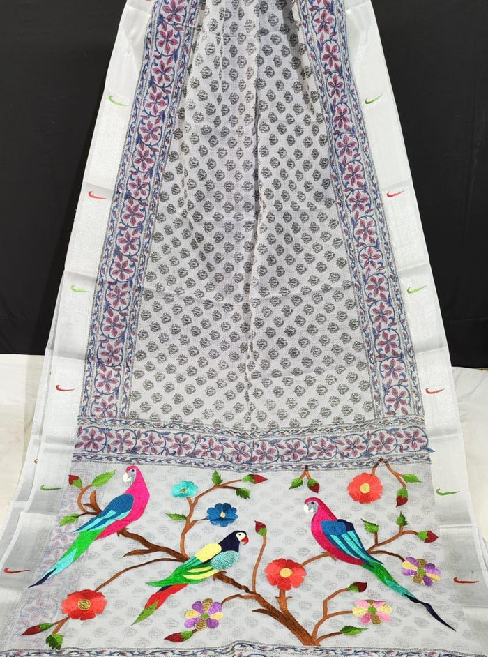 Kota Doria Paithani Embroidery Designer Saree - White
