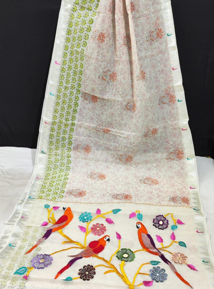 White Kota Doria Paithani Embroidery Designer Saree