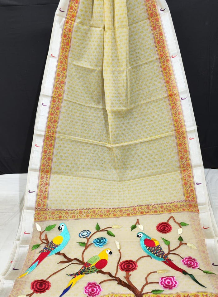 Kota Doria Paithani Embroidery Designer Saree - Beige