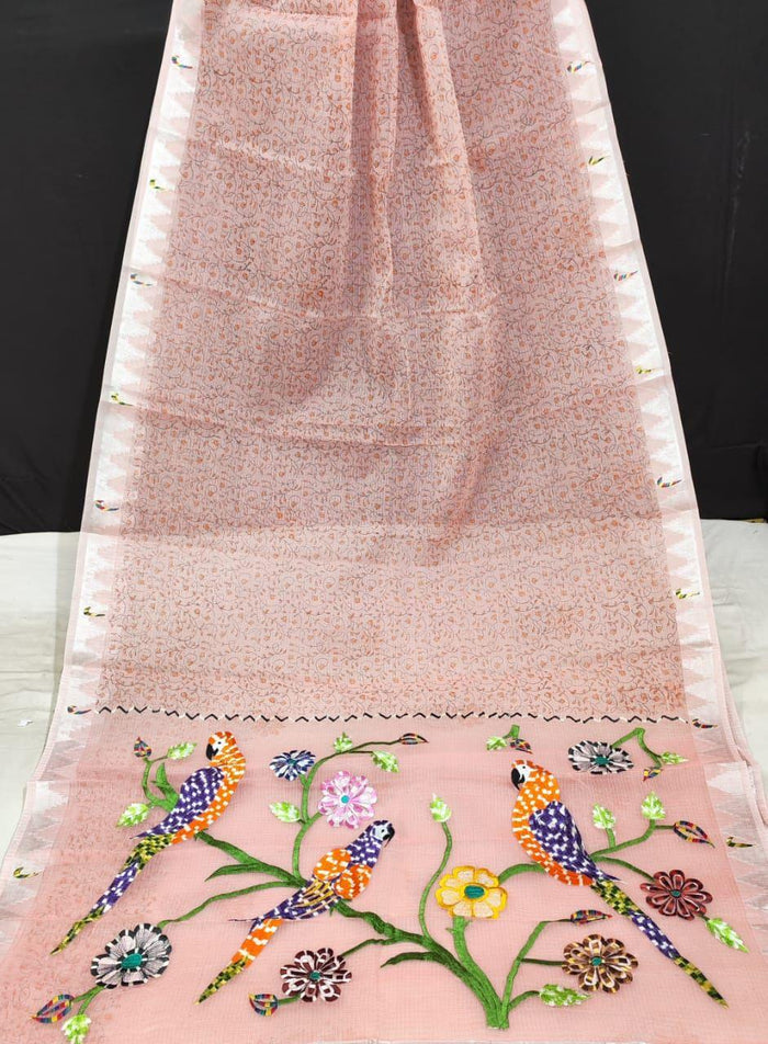 Kota Doria Paithani Embroidery Designer Saree- Pink