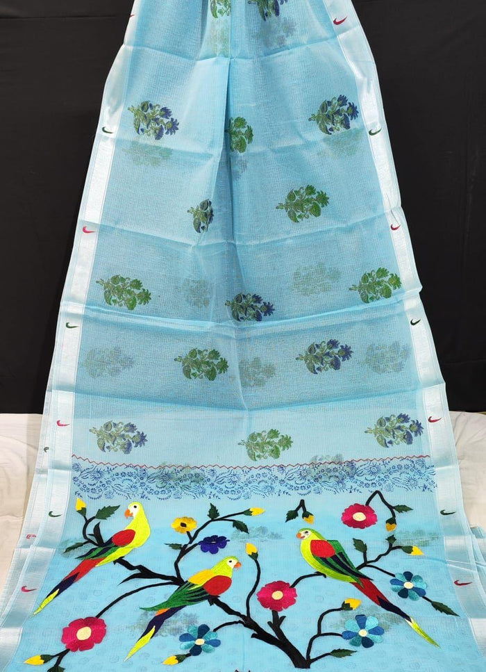 Kota Doria Paithani Embroidery Designer Saree - Blue