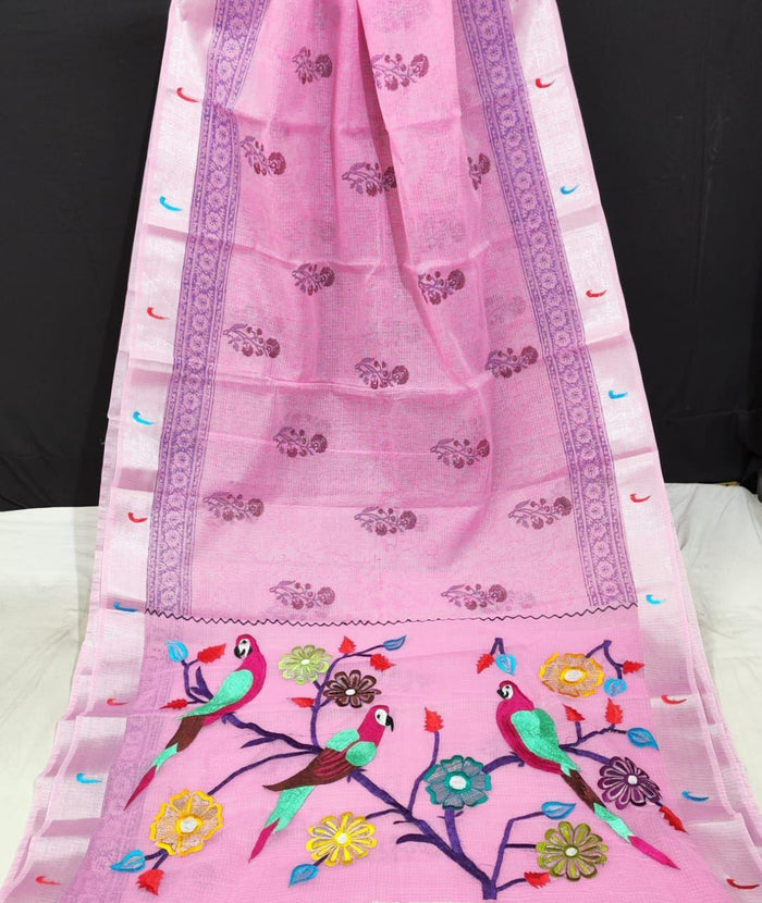 Pink Color  Kota Doria Paithani Embroidery Designer Saree