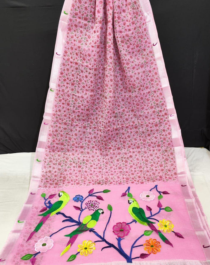 Kota Doria Paithani Embroidery Designer Saree- Pink Color